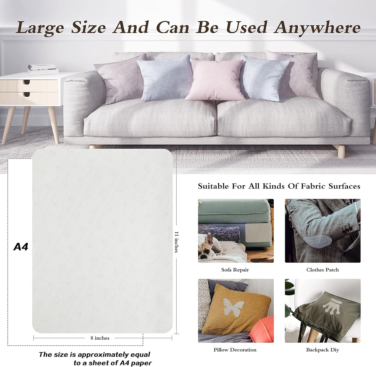 KING MOUNTAIN Fine Linen Repair Patches, Self-Adhesive Linen Fabric Patches, 8X11 inch Extra Size, Multi Color, Can be Used for Linen Sofa Repair and Linen Clothes Repair(8" x 11",White)