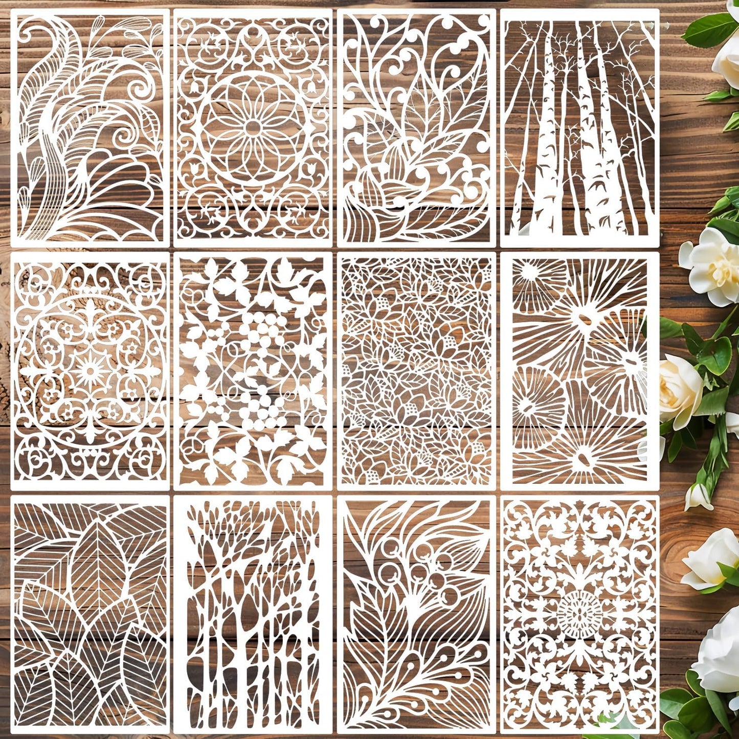 Stencils for Crafts Reusable Texture Stencils Floral Stencil Leaf Tree Templates for Painting on Wood Furniture Card Canvas Paper Scrapbook