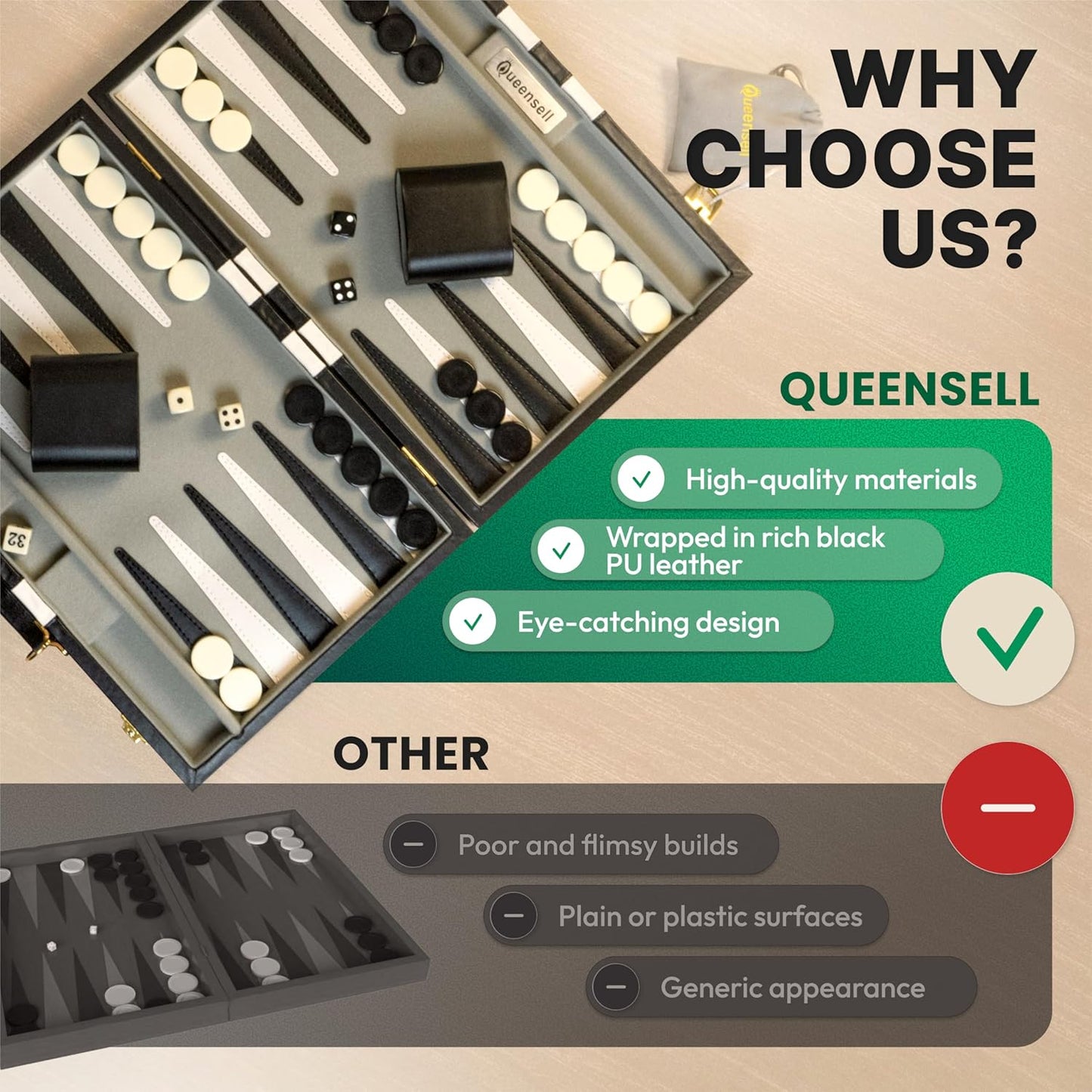 Backgammon Sets for Adults – 15-Inch Black PU Leather Board Game Set – Classic 2-Player Travel Backgammon Set with 32 Playing Pieces, Dice, and Cups