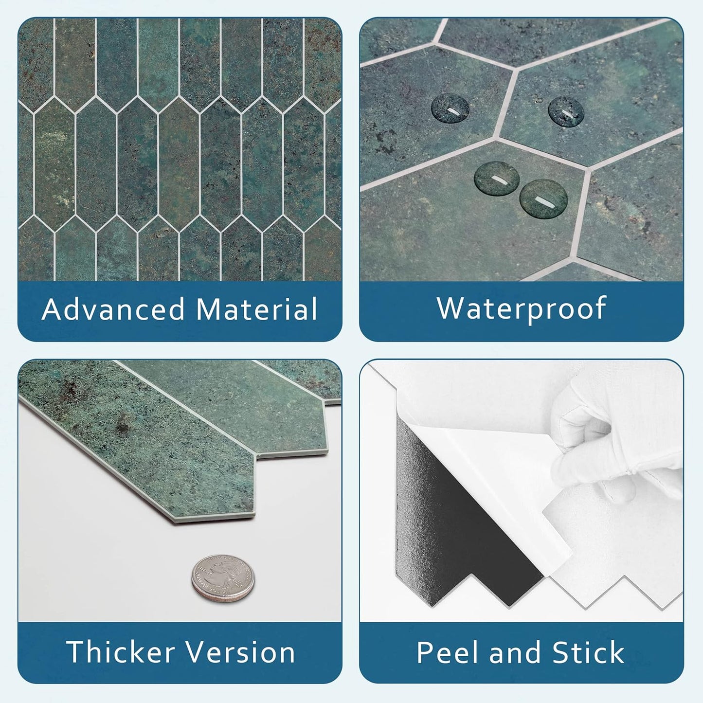 SUNWINGS Backsplash Tile for Kitchen Peel and Stick, Stone Composite Self Adhesive Tiles Faux Marble Pattern Long Hexagon Mosaic Wall Tile for Kitchen, 12 Inch x 11.22 Inch 10 Sheets Green