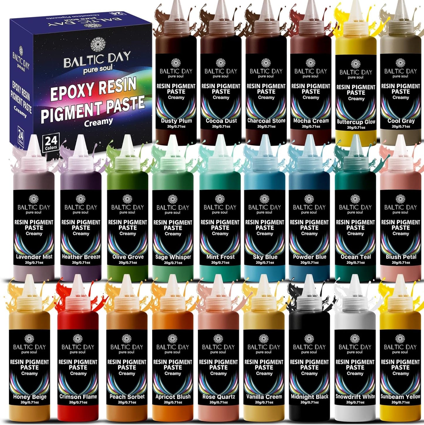 24 Colors Epoxy Resin Pigment Paste Set – High Concentration Creamy Opaque Epoxy Dye & Coloring Paste Kit for Resin Art, Jewelry Making, Tumblers, River Tables, Coasters – Mica Powder Alternative