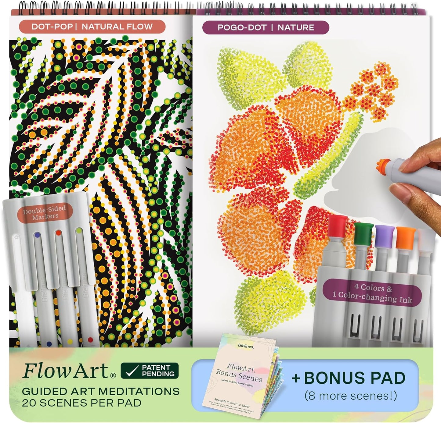 Lifelines FlowArt Activity Pad, 2-Pack & Bonus Pad - Guided Dot Art Meditations with Markers – Dot-Pop and Pogo-Dot Coloring Books for Tweens, Adults & Seniors