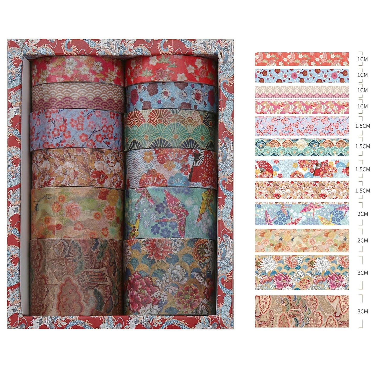 12 Rolls Kyoto Charm Washi Tape Set Japanese Arts Adhesive Tapes Geometric Garden Decorative Masking Tape Sets for Craft, Kids, Scrapbook, DIY, Gift Wrapping (Incense & Fireworks)