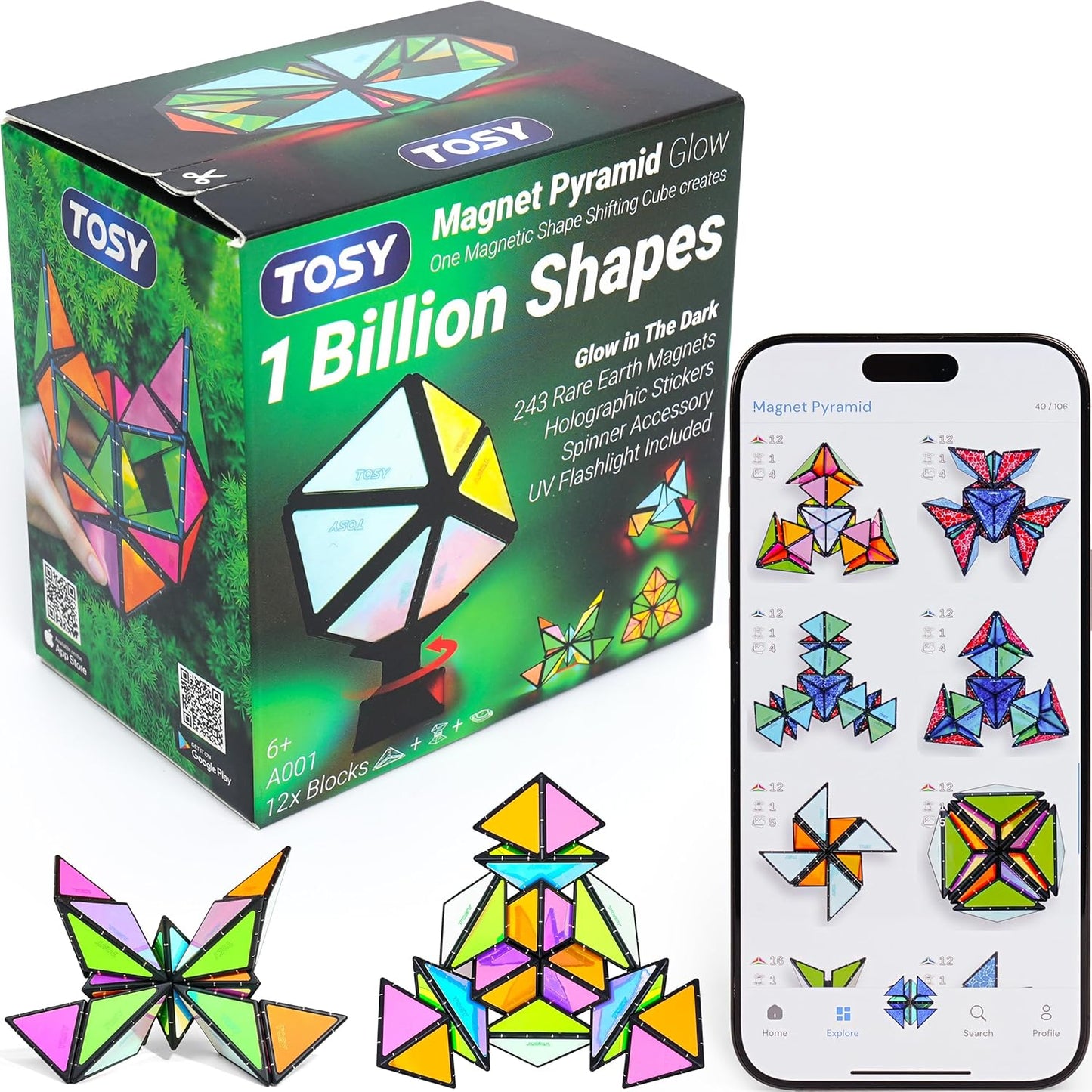 TOSY Magnet Pyramid Glow - 1 Cube Transforms into 1 Billion Shapes, 12 Pieces, 243 Rare Earth Magnets, Glowing, Holographic Design Magnet Tiles Creative Puzzle STEM/STEAM Toy