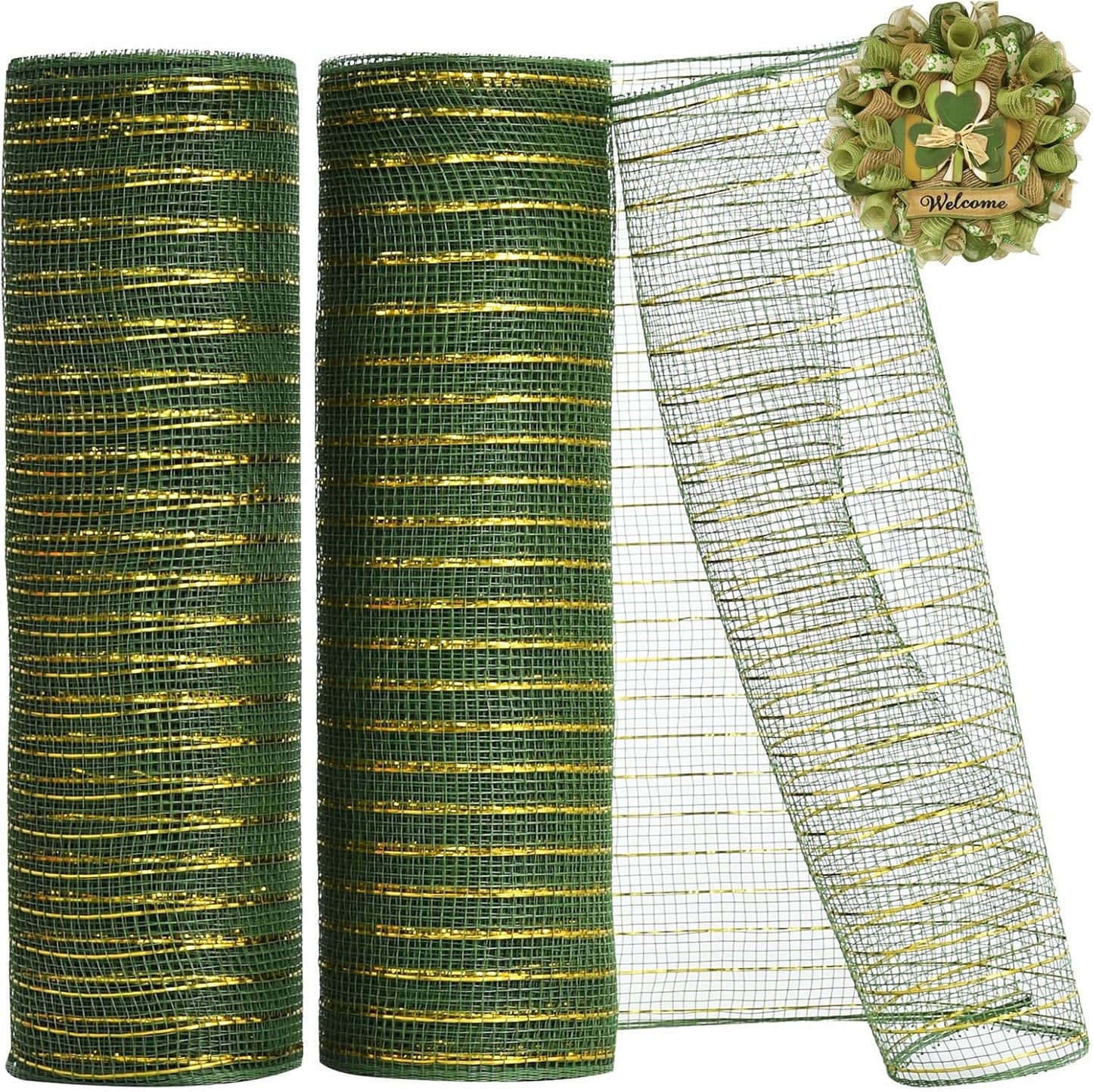 TONIFUL 2 Rolls 10 Inch Sage Green Decorative Mesh Ribbbon Rolls, Fabric Mesh with Foil for Wreath Supplies, Front Door Wreath Crafts Tree Decor Christmas NewYears Halloween Decoration (10 yds/roll)
