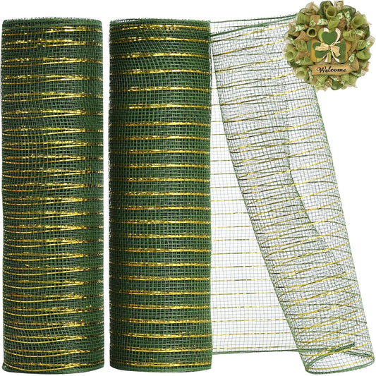TONIFUL 2 Rolls 10 Inch Sage Green Decorative Mesh Ribbbon Rolls, Fabric Mesh with Foil for Wreath Supplies, Front Door Wreath Crafts Tree Decor Christmas NewYears Halloween Decoration (10 yds/roll)