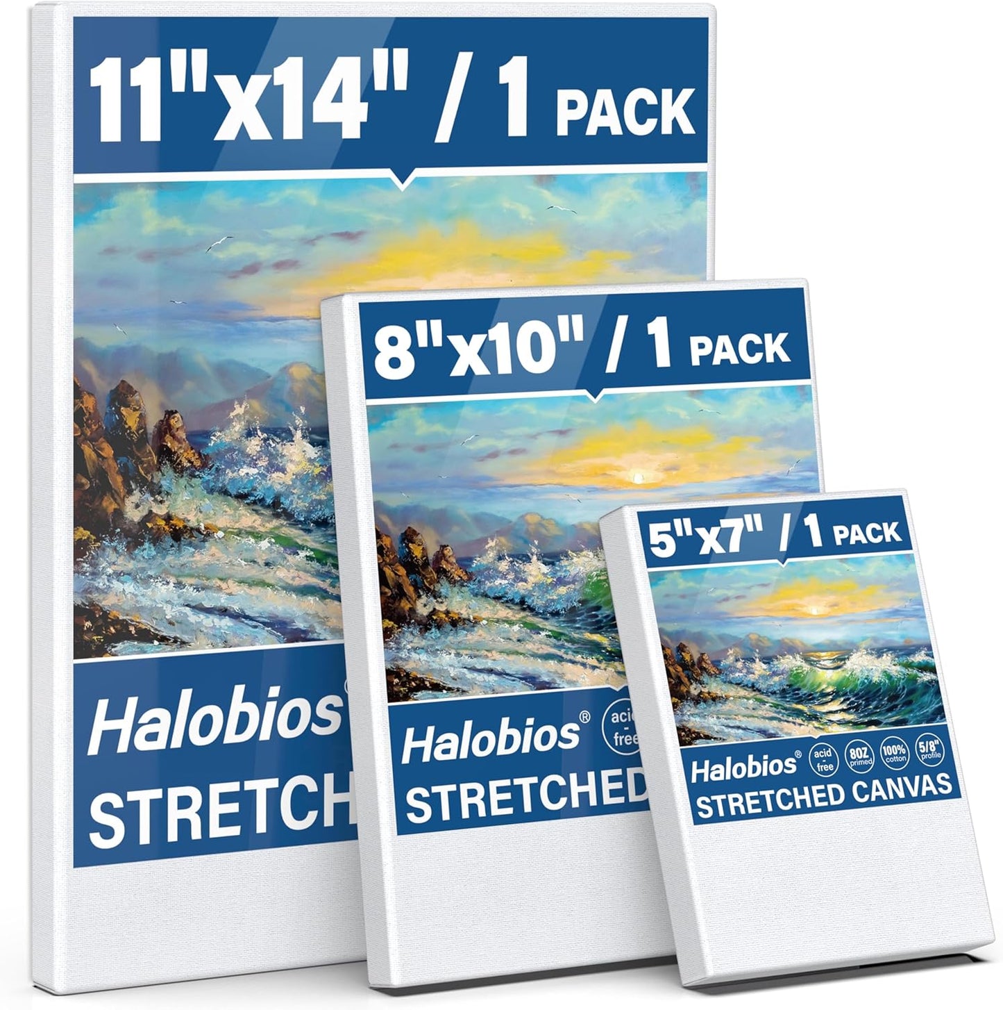 Stretched Canvases for Painting with 11x14 Inch, 5x7 Inch, 8x10, Painting Canvas for Acrylics,Oils & Other Painting Media, 5/8 Inch Profile 100% Cotton Artist Framed Canvas(3 Packs)