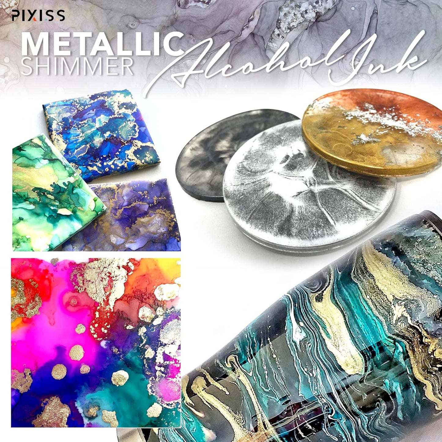 Metallic Alcohol Ink Set - Gold, Silver, Gunmetal, Copper, Pearl with Extreme Shimmer - Large 0.5 Ounce Inks