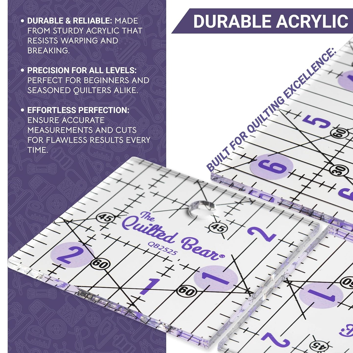 The Quilted Bear Quilting Rulers - Transparent Acrylic Non Slip Quilting, Patchwork & Sewing Ruler with Clear Black Lines & 30, 45 & 60 Degree Angles for Perfect Accuracy & Precision (2" x 6.5")