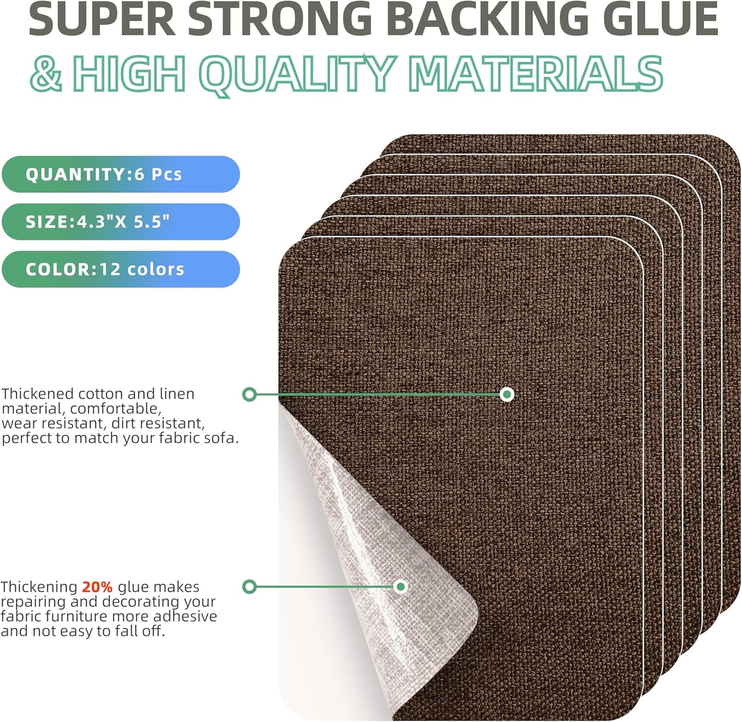 Azobur Coarse Linen Repair Patches, 6 Piece Self-Adhesive Linen Fabric Patches, Multi Color, Can be Used for Linen Sofa Repair and Linen Clothes Repair, Quick Fix Sofa.(Dark Brown)