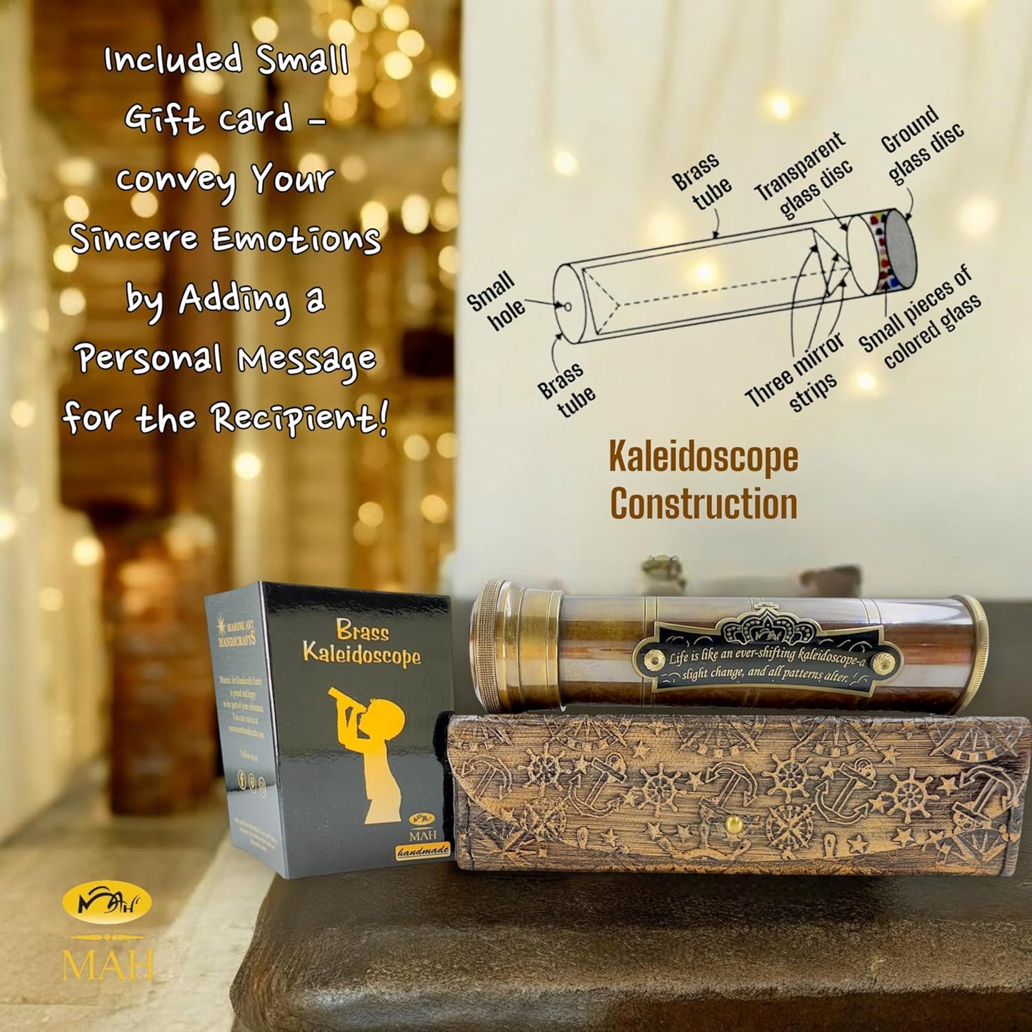 Handcrafted Brass Kaleidoscope – Vintage Nautical Collectible Gift for Kids, Teens & Adults – Sentimental Keepsake with Greeting Card – Educational Toy & Home Décor Accent – Timeless Pattern Design