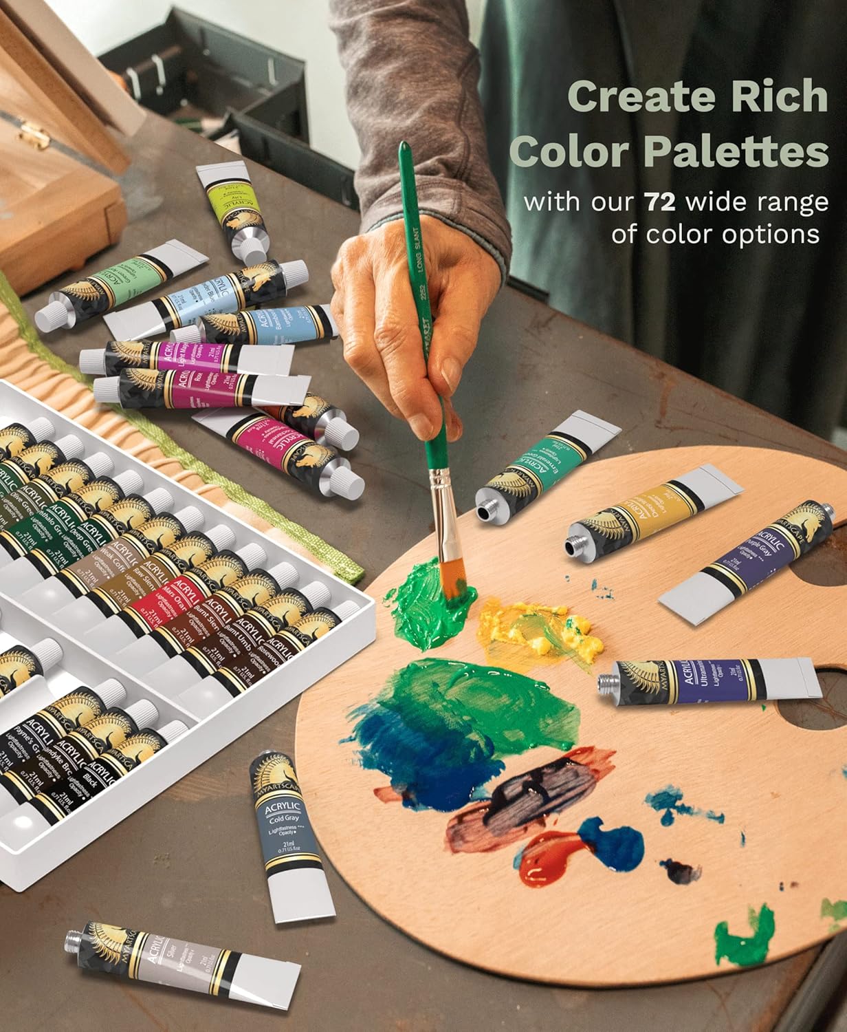 MyArtscape Acrylic Paint Set - 72 x 21ml Tubes with 3 Paint Brushes Art Supplies - Artist Quality Paints - Lightfast - Heavy Body - Highly Pigmented Colors with Great Coverage - Professional Art