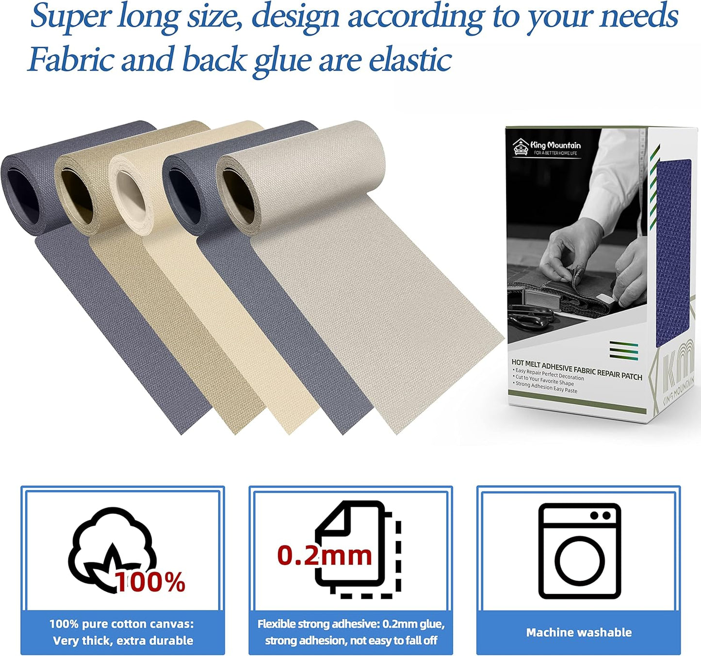 KING MOUNTAIN Canvas Iron on Patch,3"×60",Waterproof 100% Cotton Fabric Repair Patch,Used for Various Sofa,Tent,Clothes,Seats,Suitcases (Dark Blue)