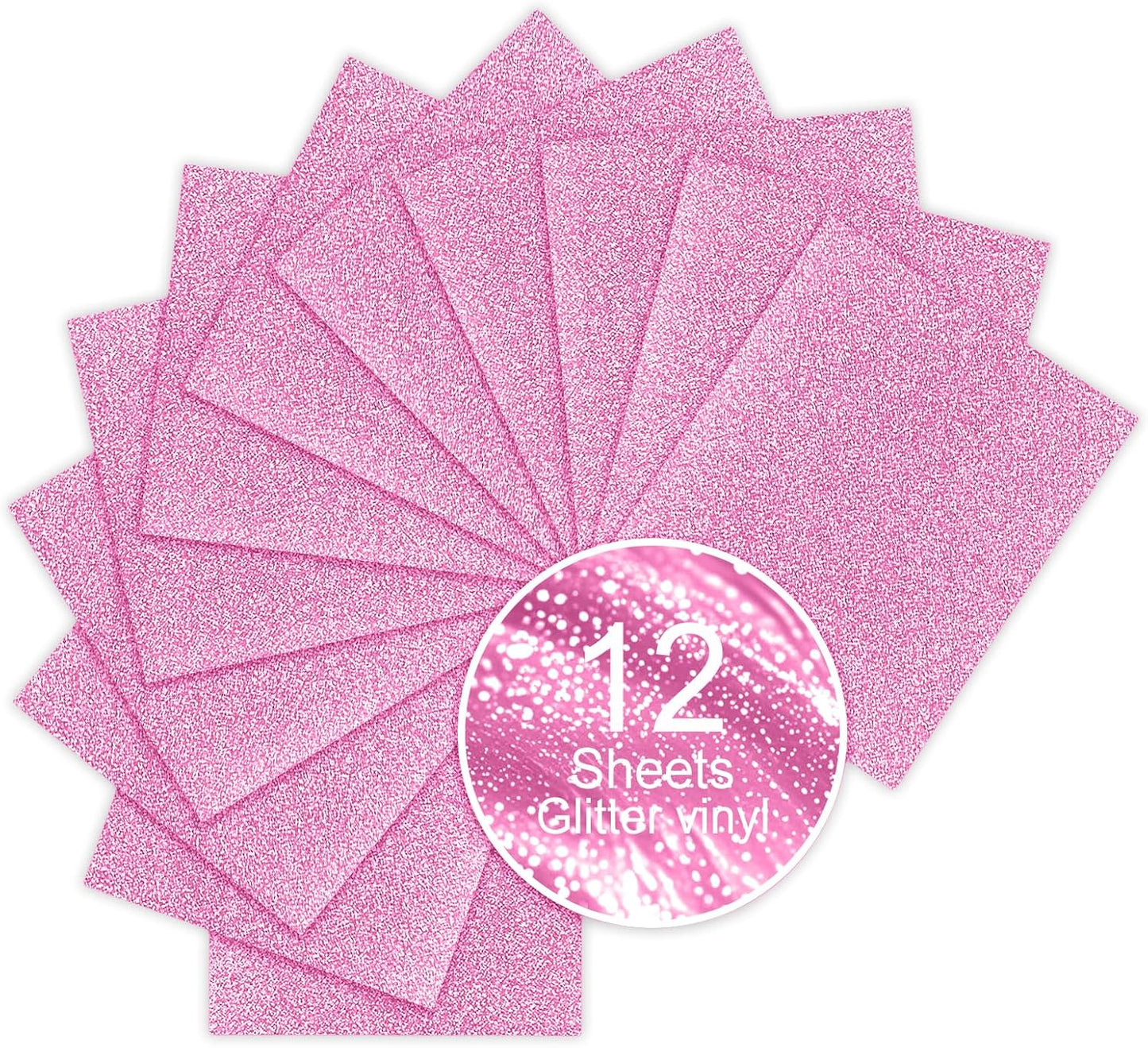 Pink Glitter HTV Sparkly Heat Transfer Vinyl – 12 Pcs 12x10Inch Iron-On Vinyl Sheets for T‑Shirts & DIY Craft Gifts, Easy to Cut & Weed, No‑Flake & Washable, Work with All Cutter Machines