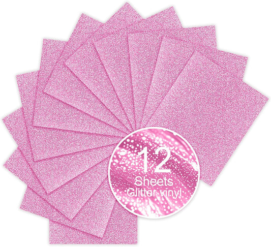 Pink Glitter HTV Sparkly Heat Transfer Vinyl – 12 Pcs 12x10Inch Iron-On Vinyl Sheets for T‑Shirts & DIY Craft Gifts, Easy to Cut & Weed, No‑Flake & Washable, Work with All Cutter Machines