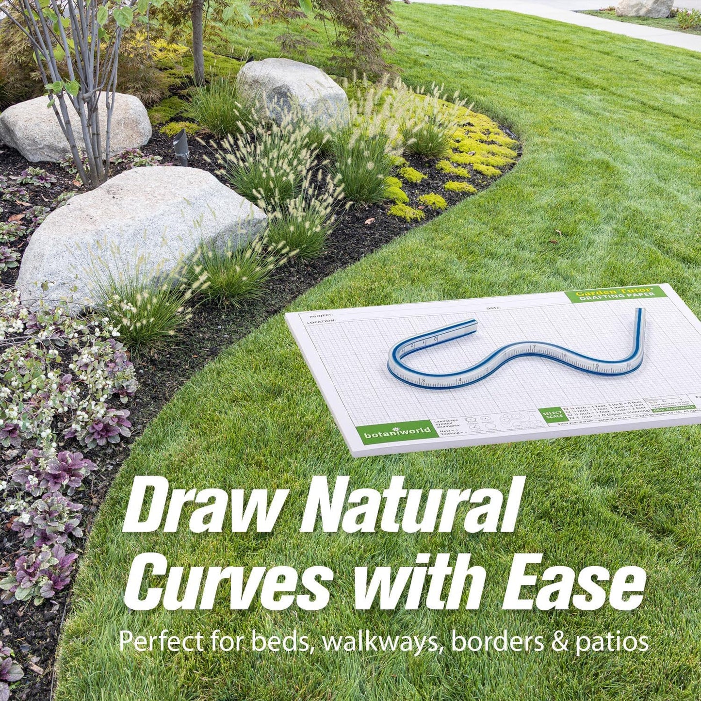 Garden Tutor Multiscale Garden & Landscape Design Kit – 2 Translucent Yellow Design Stencils, 12-Inch Flexible Curve Ruler, 40-Sheet Multi-Scale Graph Paper & Garden Design Guide