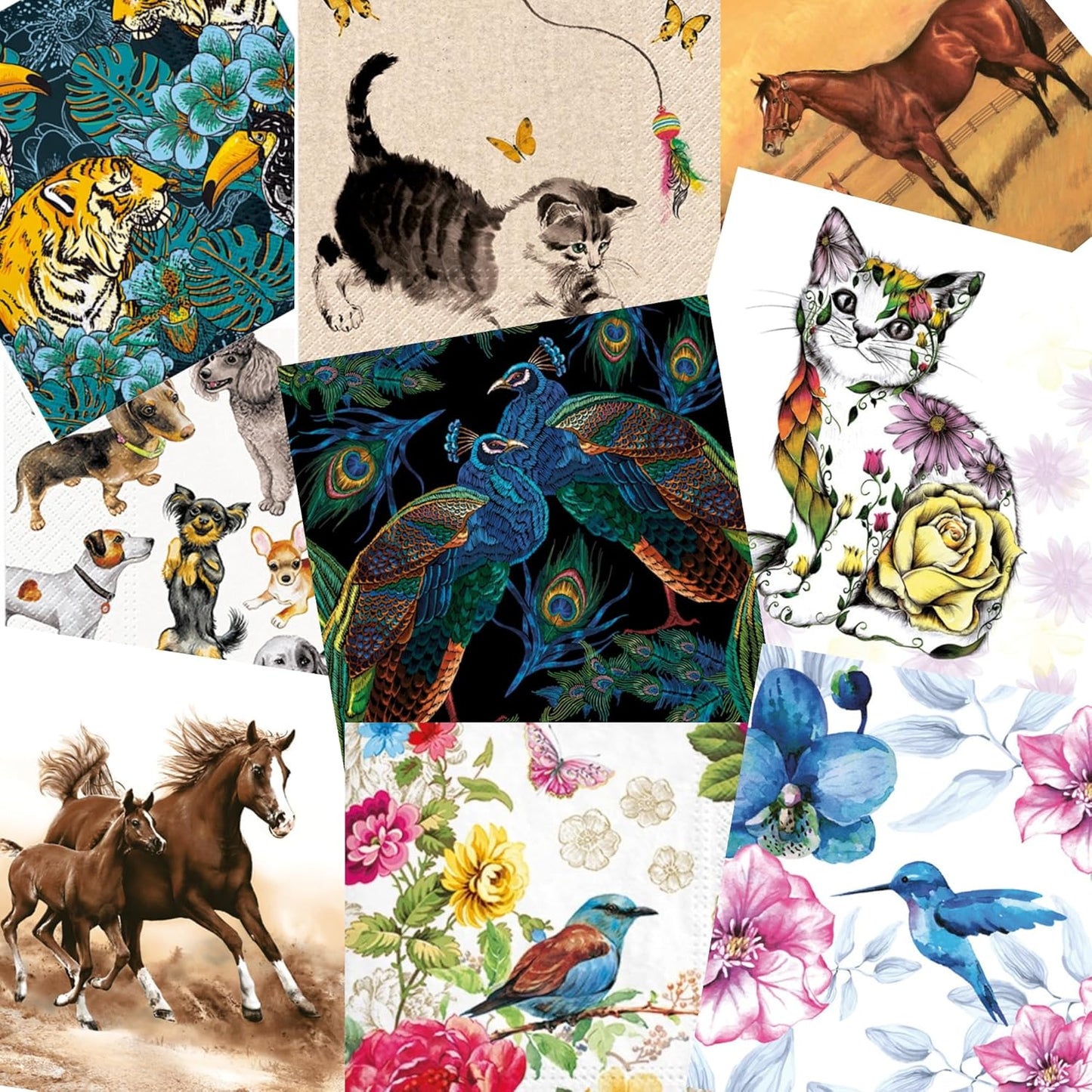 Mystery Pack Decoupage Paper Napkins, 20-ct Assorted Surprise Napkins, Decorative Napkins for Art Craft Junk Journal, Scrapbooking, 20 Different Animals Designs