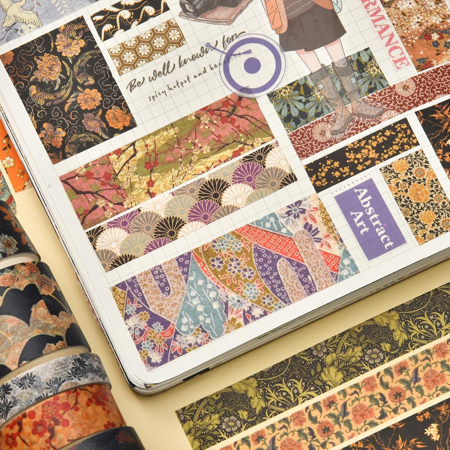 12 Rolls Kyoto Charm Washi Tape Set Japanese Arts Adhesive Tapes Geometric Garden Decorative Masking Tape Sets for Craft, Kids, Scrapbook, DIY, Gift Wrapping (Purple Sakura)