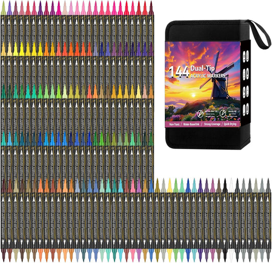 144 Colors Dual Tip Acrylic Paint Markers，Waterproof, Non-Toxic, Odorless Acrylic Markers Pens，Paint Pens & Paint Markers for Rock, Wood, Glass, Stone, Canvas, Ceramic, Fabric and Paper Painting