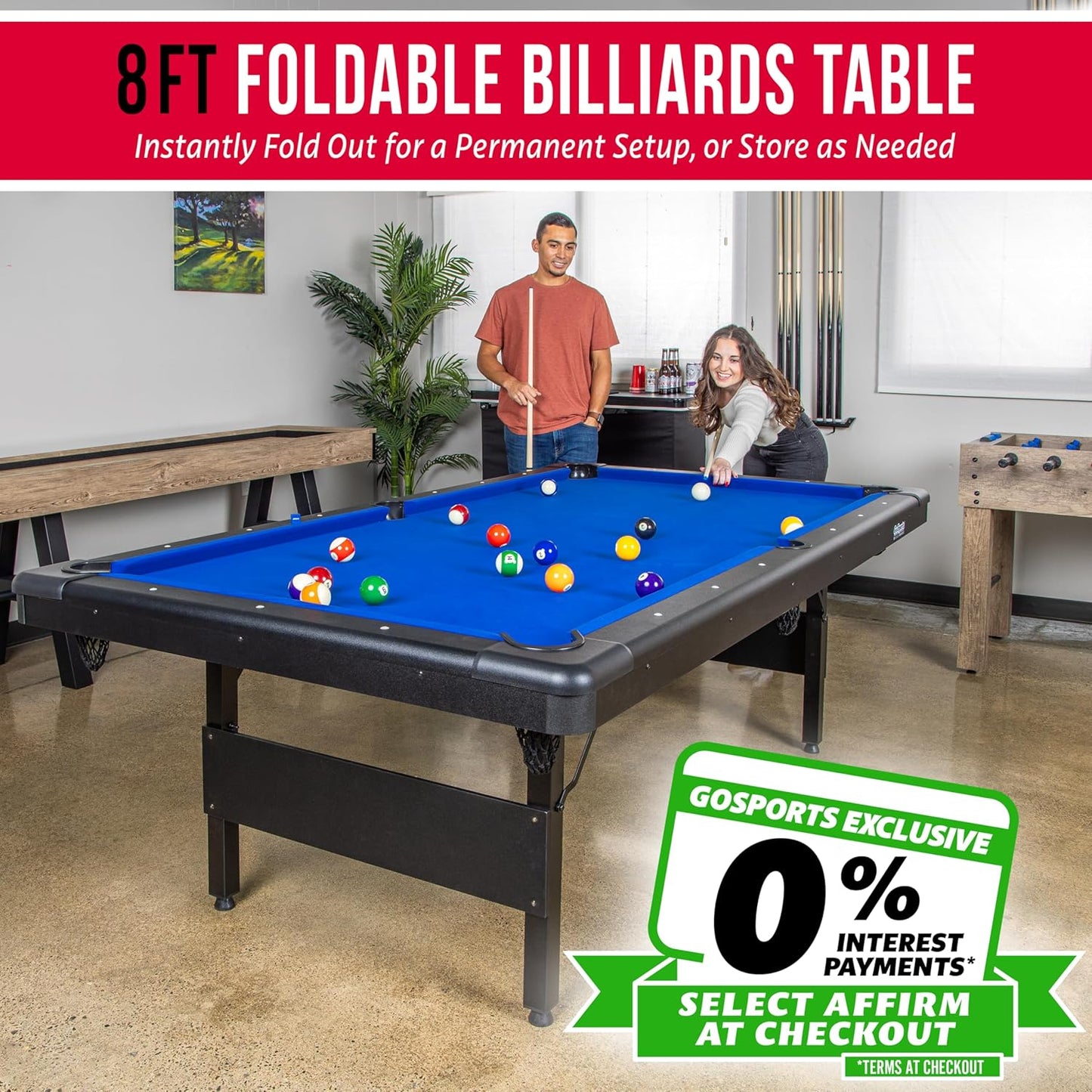 GoSports 6, 7, or 8 ft Billiards Tables - No Assembly, Choose Your Color - Portable Pool Table Includes Full Set of Balls, 2 Cue Sticks, Chalk and Felt Brush
