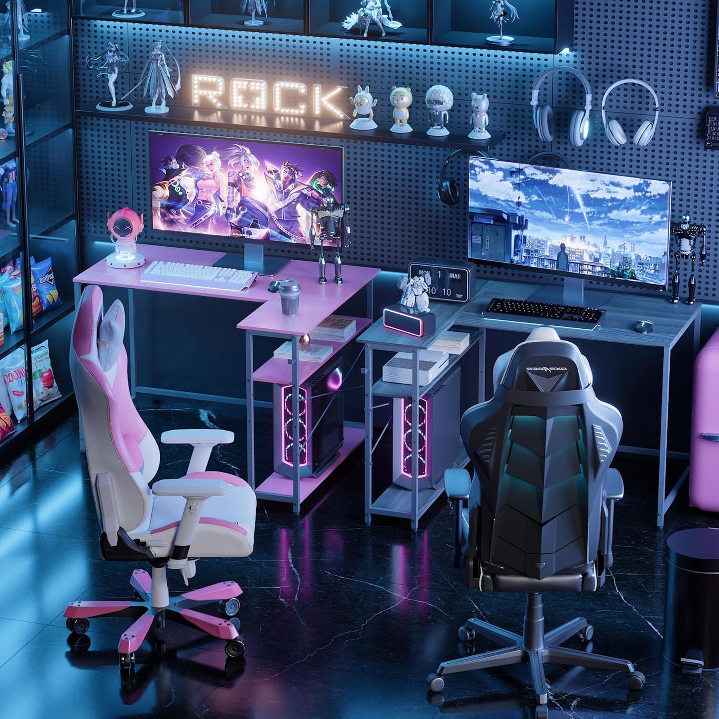 Pamray 43 Inch L Shaped Computer Desk with Reversible Side Storage Shelves, Small Corner Desk for Small Space Home Office,Writing Study Table PC Desk for Bedroom,Espresso Gray