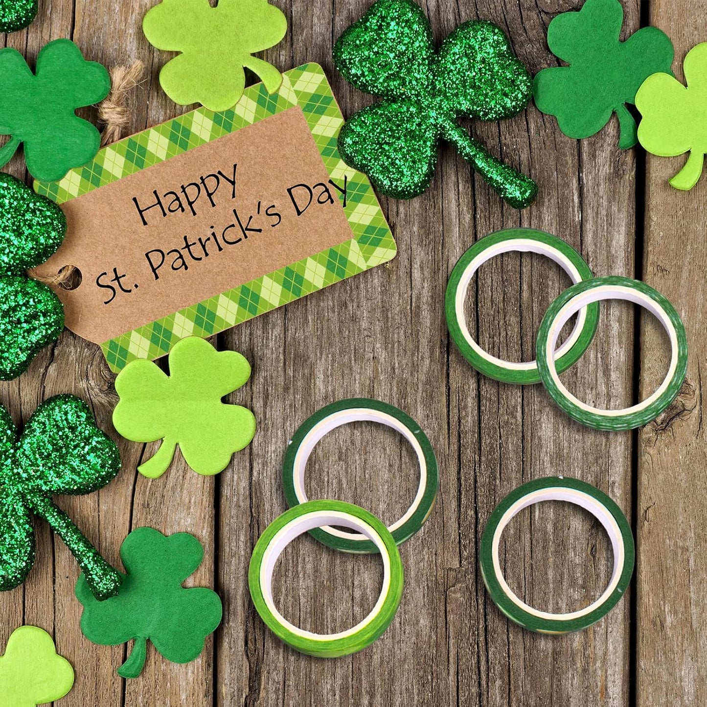 Whaline 12 Rolls St. Patrick's Day Washi Tape Green Shamrock Washi Masking Tape 15mm Clover Plaids Lucky Holiday Paper Tape Sticker for Irish Party Scrapbook Gift Packing DIY Craft Decor, 16.4Ft
