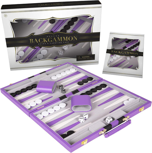 Backgammon Set 15 inch, Large - Classic Board Game for Adults and Kids with Premium Leather Case - Includes Strategy & Tip Guide (Purple)