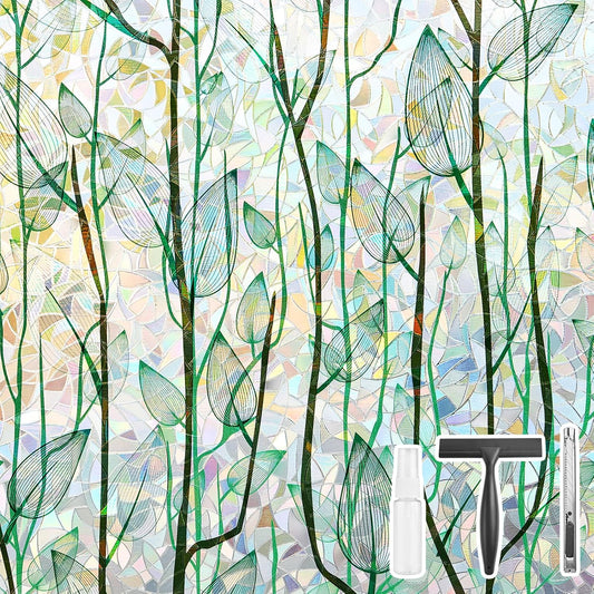 Finnez Window Privacy Film Window Film 3D No Glue Glass Sticker for Glass Door Home and Office Heat Control Anti UV (23.6 Inch x 13.1 Feet, Rainbow Grove)