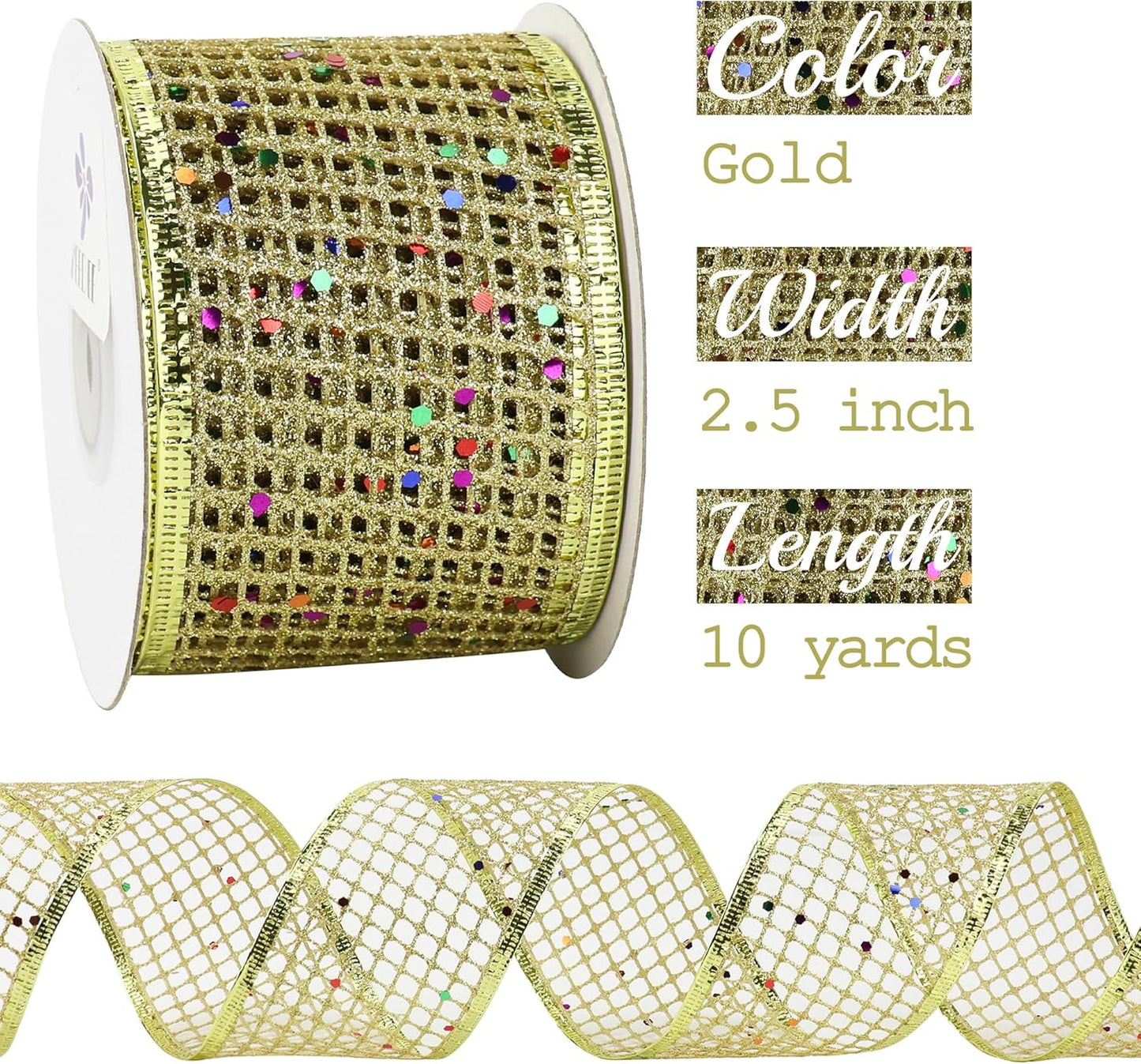MEEDEE Gold Glitter Ribbon Gold Christmas Ribbon 2.5 Inch Square Mesh Net Wired Ribbon with Rainbow Sparkle Gold Wired Ribbon Gold Ribbon for Christmas Tree Decoration, Wreath Bow Making (10 Yards)