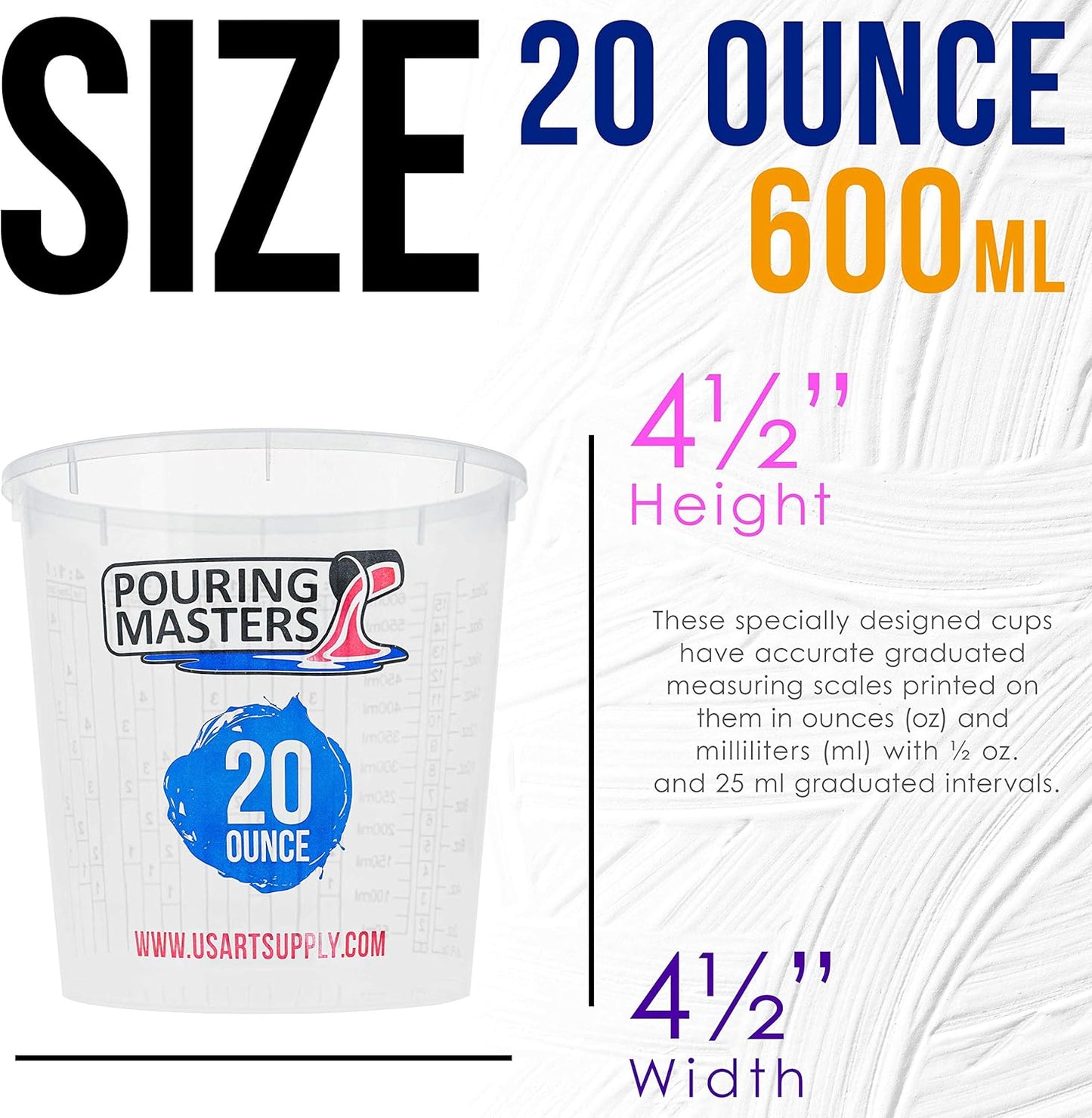 Pouring Masters 20 Ounce (600ml) Graduated Plastic Mixing Cups (Box of 12) - Paint Mixing Cups for Epoxy Resin, Art, Kitchen, Baking - Measurements in OZ and ML, 4 Different Measuring Ratios 1:1