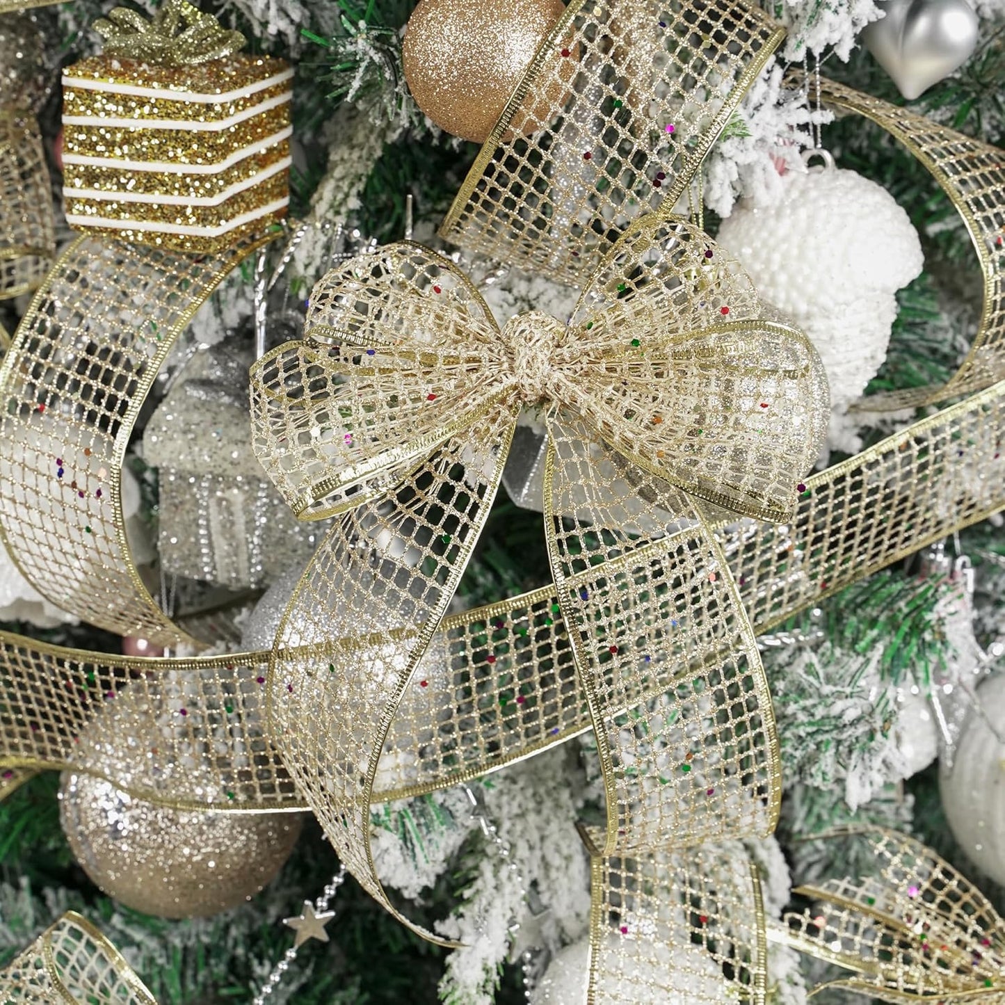 MEEDEE Champagne Gold Glitter Ribbon - 2.5 Inch Square Mesh Net Wired Ribbon with Rainbow Sparkle for Christmas Tree Decoration, Wreath Bow Making (25 Yards)