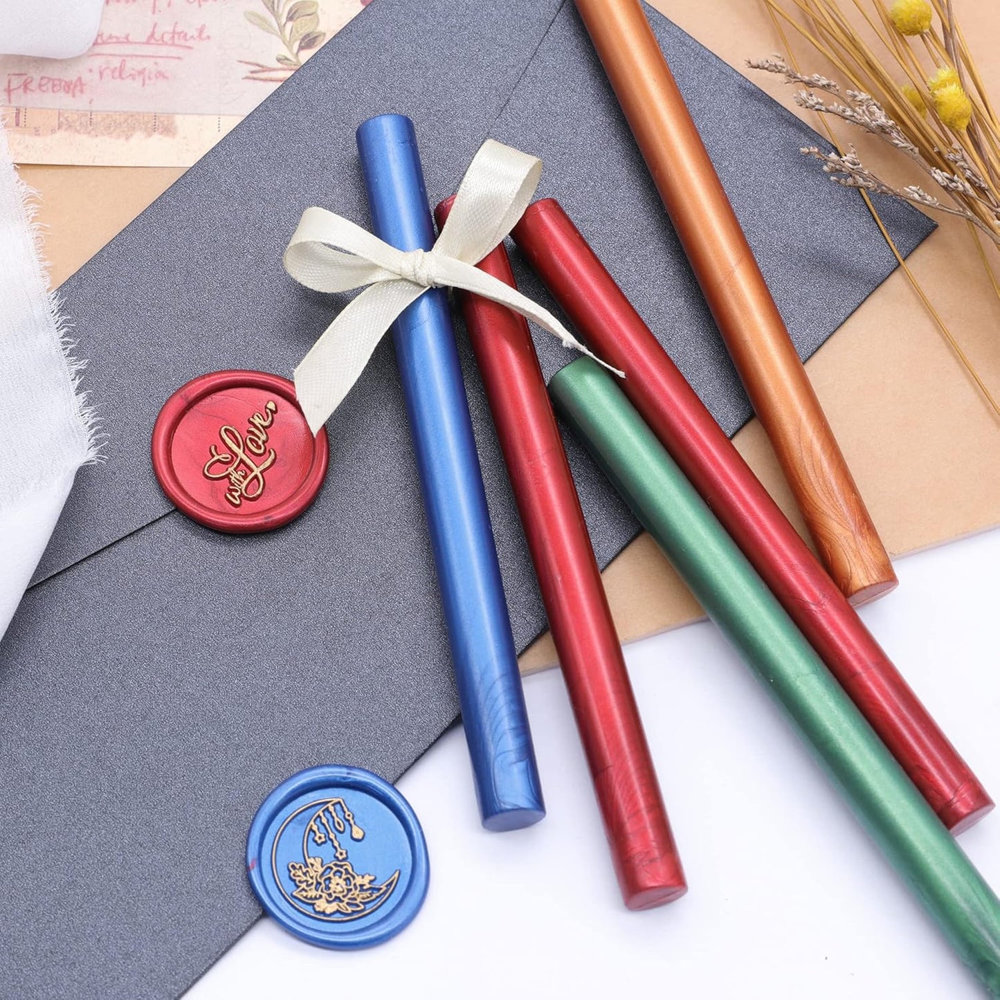 SWANGSA 20 Pieces Glue Gun Sealing Wax Sticks Metallic Gold Red Green Blue for Wax Seal Stamp, Great for Wedding Invitations, Cards, Envelopes, Wine Packages, Gift Wrapping (Mixed Color)