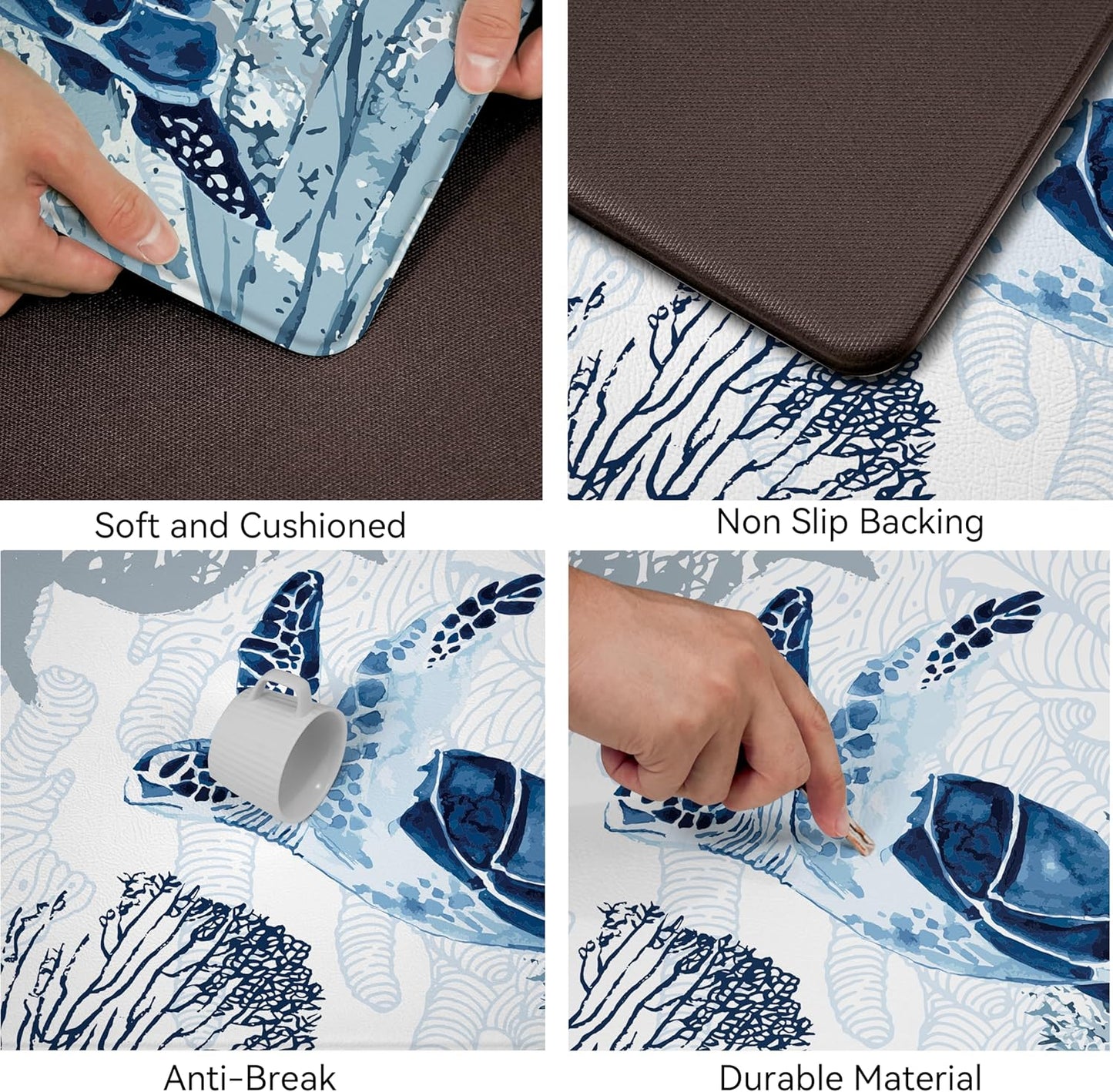 Coastal Beach Kitchen Floor Mat Rugs Nautical Decorative Coral Sea Turtle Kitchen Rugs Anti Fatigue Mats Non-Slip Comfort Standing Cushioned for Kitchen 17.3" 28" + 17.3" x 47" Set 2 Pcs Navy Blue