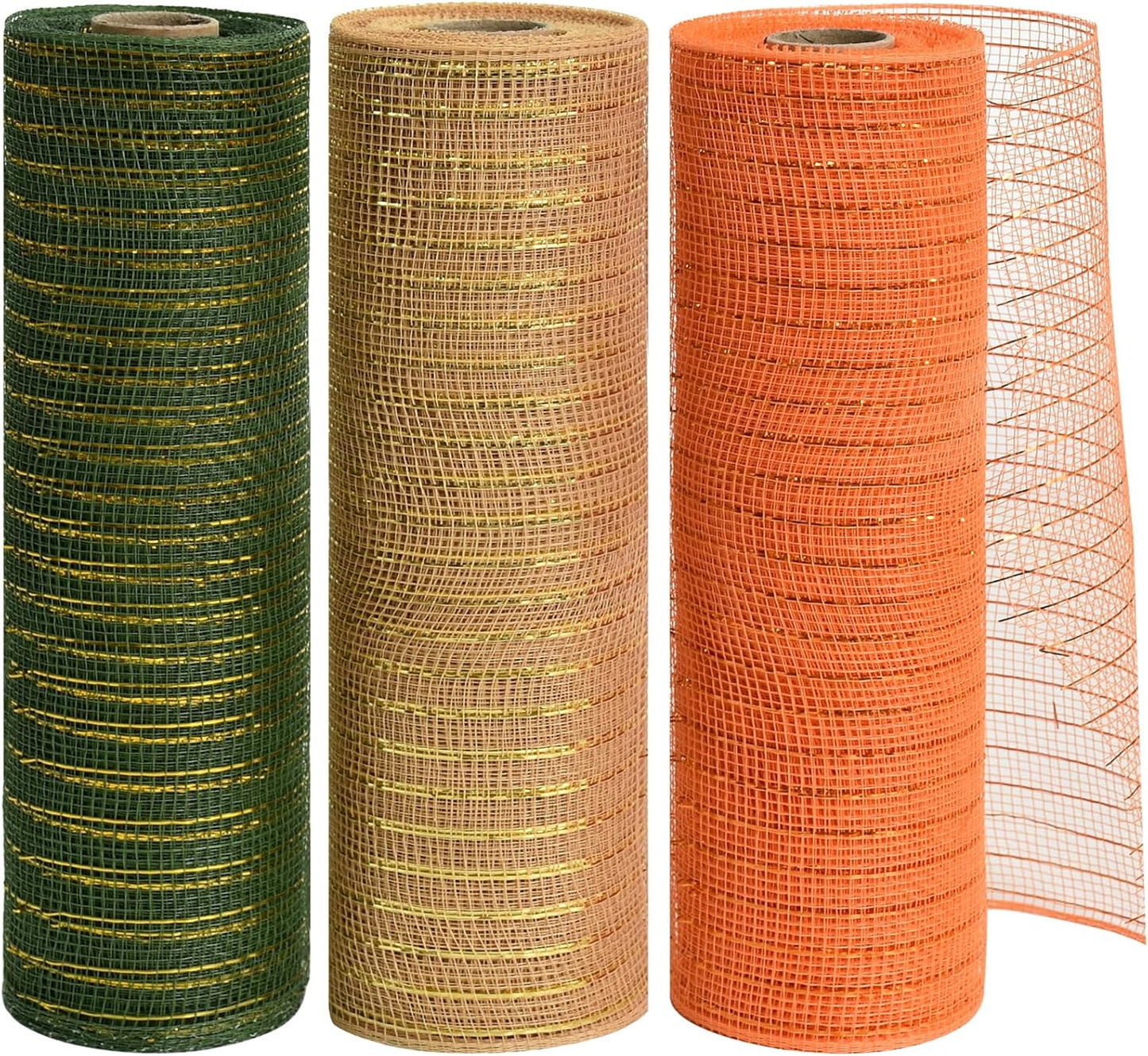 TONIFUL 10 Inch 3 Rolls Khaki/Orange/Green Decorative Mesh Ribbons, Fabric Mesh with Foil for Tree Home Front Door Wreaths Decorations Supplies, for Thanksgiving Fall（3 Colors, 10yards/ roll）