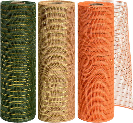 TONIFUL 10 Inch 3 Rolls Khaki/Orange/Green Decorative Mesh Ribbons, Fabric Mesh with Foil for Tree Home Front Door Wreaths Decorations Supplies, for Thanksgiving Fall（3 Colors, 10yards/ roll）