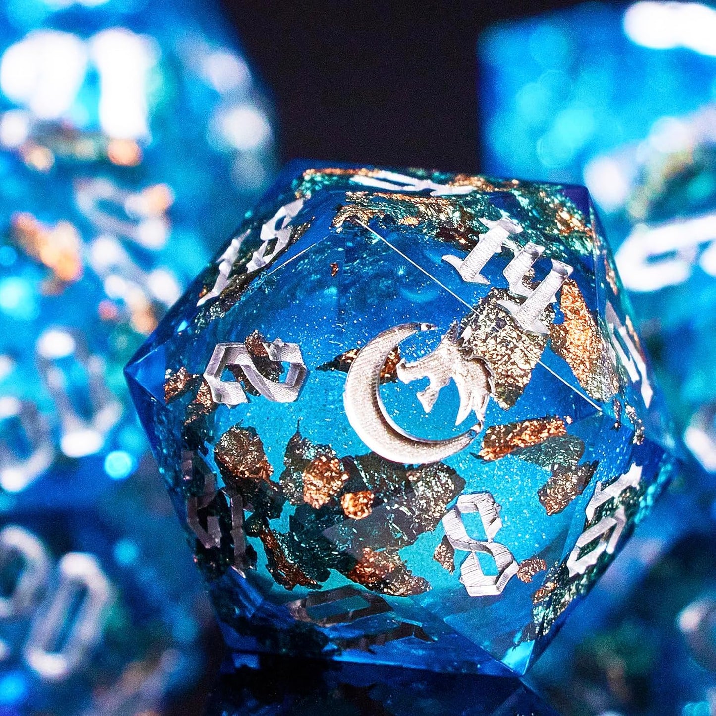 The Moon of Mystery Liquid Core DND Dice Set – Unique Resin Dice for Dungeons & Dragons – Blue Galaxy Moon Dice Set for D&D Gifts
