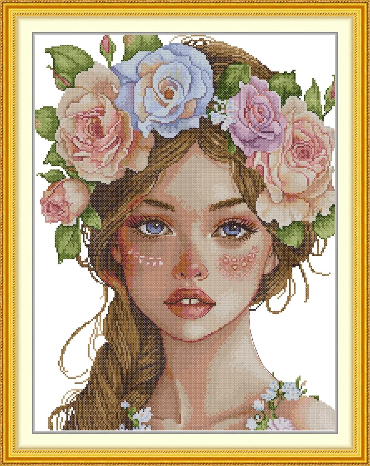 Threadhaven Cross-Stitch Kit 14CT Aida Counted Embroidery Complete Set with Fabric, Threads-Premium Beautiful Girls Design for Adults & Beginners- The Girl with The Wreath 16.1''×20''