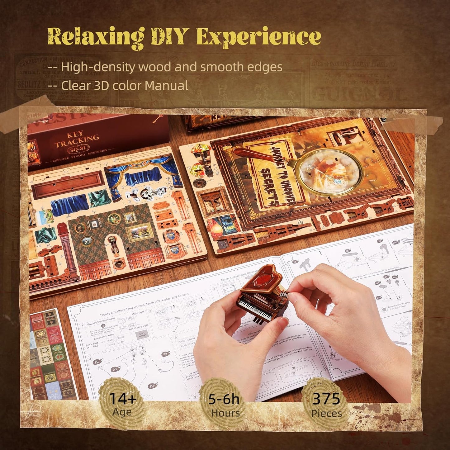 3D Wooden Puzzle Book Nook Kit with LED Light, DIY Miniature Bookshelf Insert Décor for Display, Unique Craft Gift for Adults and Teens (Key Tracking)