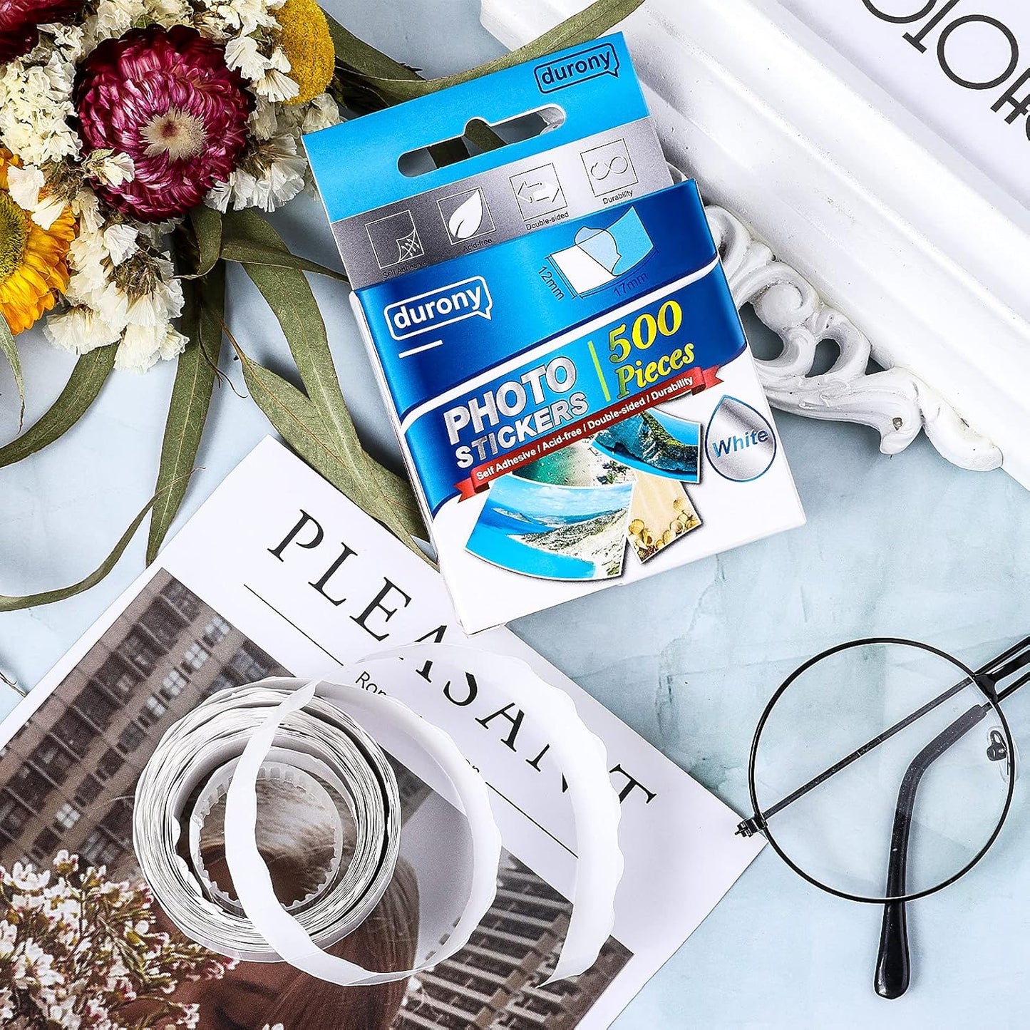 Durony 500 Pieces Photo Sticker White Double-Sided Self Adhesive Photo Tapes for Pictures DIY Photo Album Journal