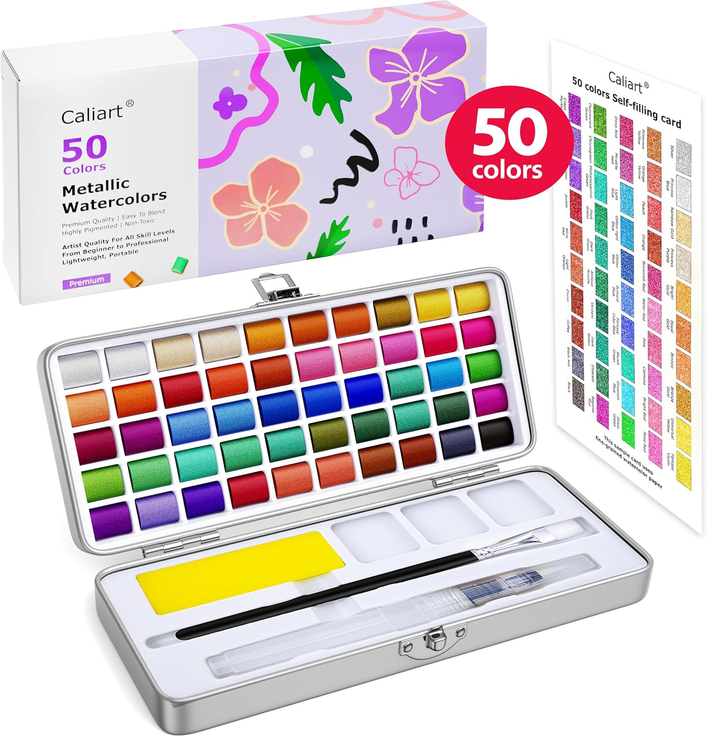 Caliart Metallic Watercolor Paints, 50 Colors Glitter Watercolors Set with 1 Brush, Portable Travel Painting Kit Gifts for Adults Artists Beginners Painters Art Supplies