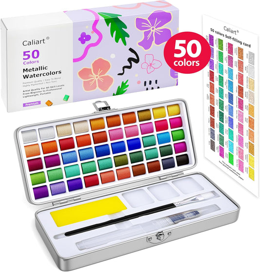 Caliart Metallic Watercolor Paints, 50 Colors Glitter Watercolors Set with 1 Brush, Portable Travel Painting Kit Gifts for Adults Artists Beginners Painters Art Supplies
