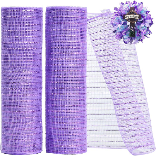 TONIFUL 2 Rolls 10 Inch Lavender Purple Decorative Mesh Ribbbon Rolls, Fabric Mesh with Foil for Wreath Supplies, Front Door Wreath Tree Decor Christmas NewYears Halloween Decoration (10 yds/roll)