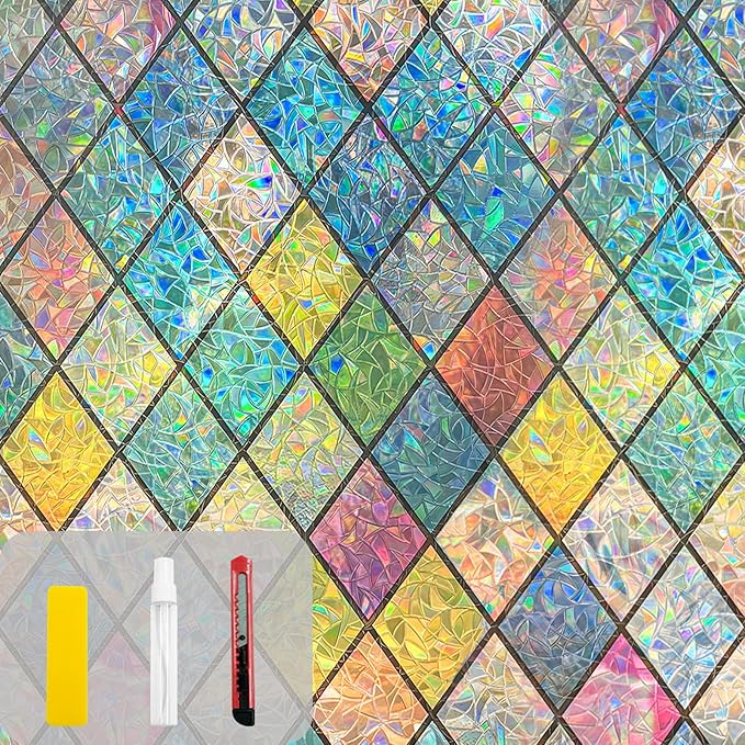 QHY Sunshine Colorful Rainbow Stained Glass Window Film Non-Adhesive Window Privacy Film Reusable Decorative for Room (Chequered Rainbow, 23.6 X 78.7 in)