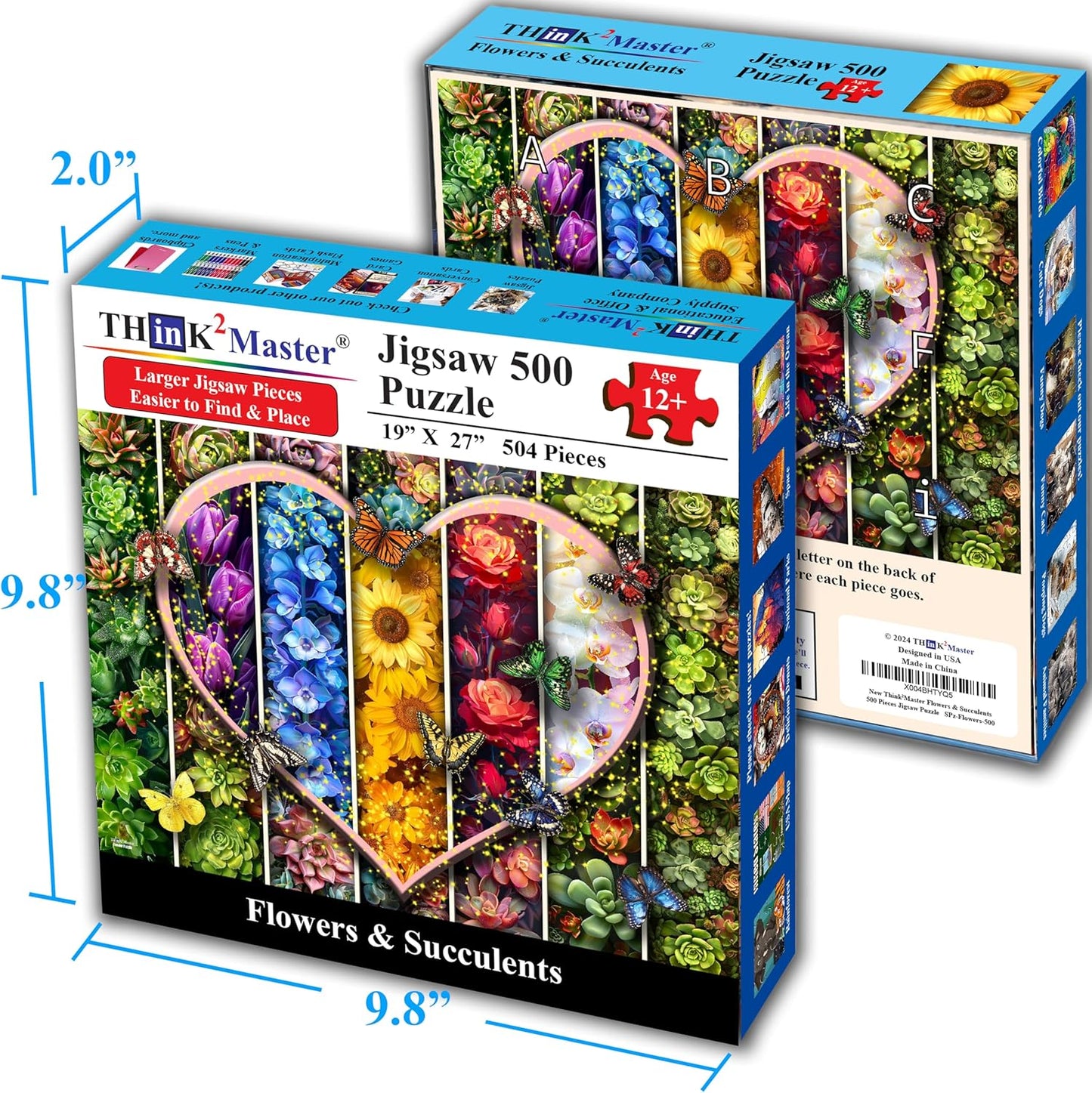 Think2Master Colorful Flowers Succulents & Butterflies 500 Pieces Large Format Jigsaw Puzzle for Kids 12+, Teens, Adults & Families. Beautiful Vibrant Heart Valentine's Day Illustration 26.8” X 18.9”