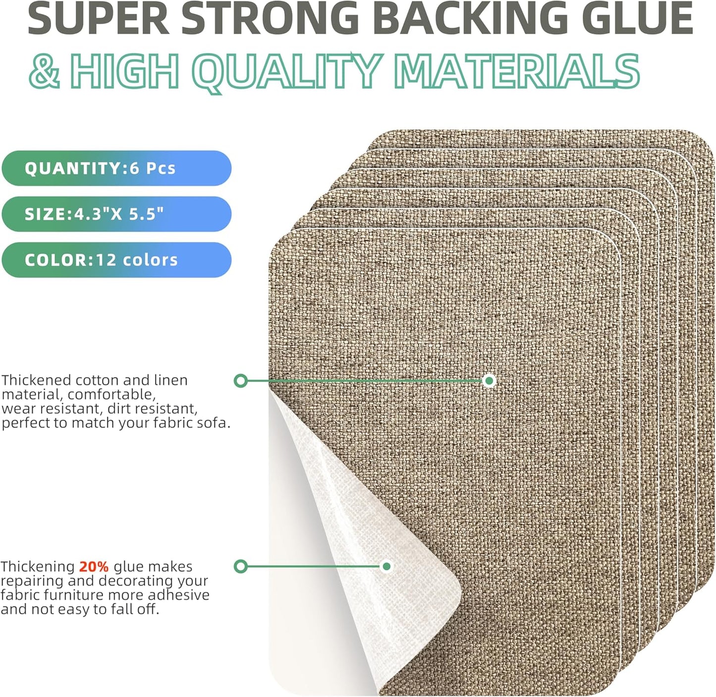 Azobur Coarse Linen Repair Patches, 6 Piece Self-Adhesive Linen Fabric Patches, Multi Color, Can be Used for Linen Sofa Repair and Linen Clothes Repair, Quick Fix Sofa.(Khaki)