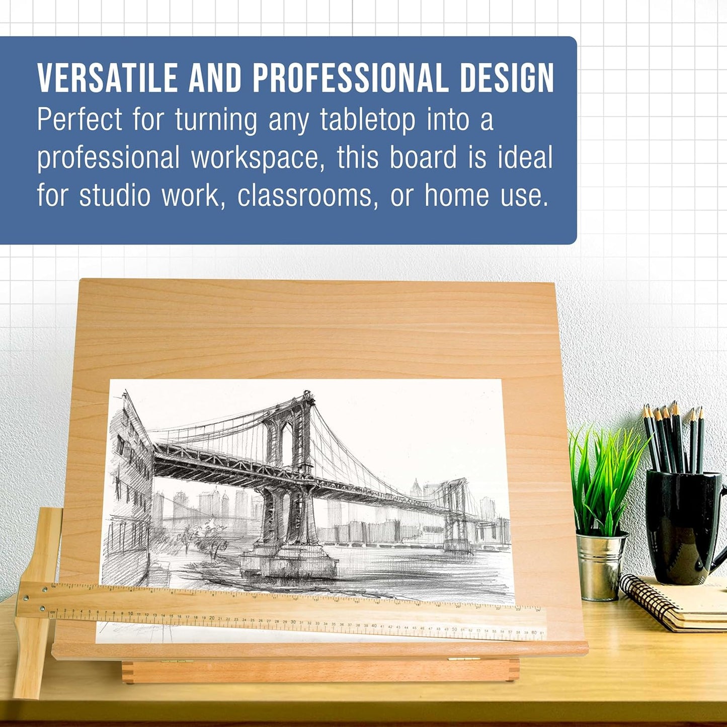 U.S. Art Supply X-Large 26" x 21" Adjustable Wood Art Drawing Board - 6 Angles, Beechwood Construction, Pencil Ledge, 24" T-Square - Ideal for Design, Drafting & Architecture Work