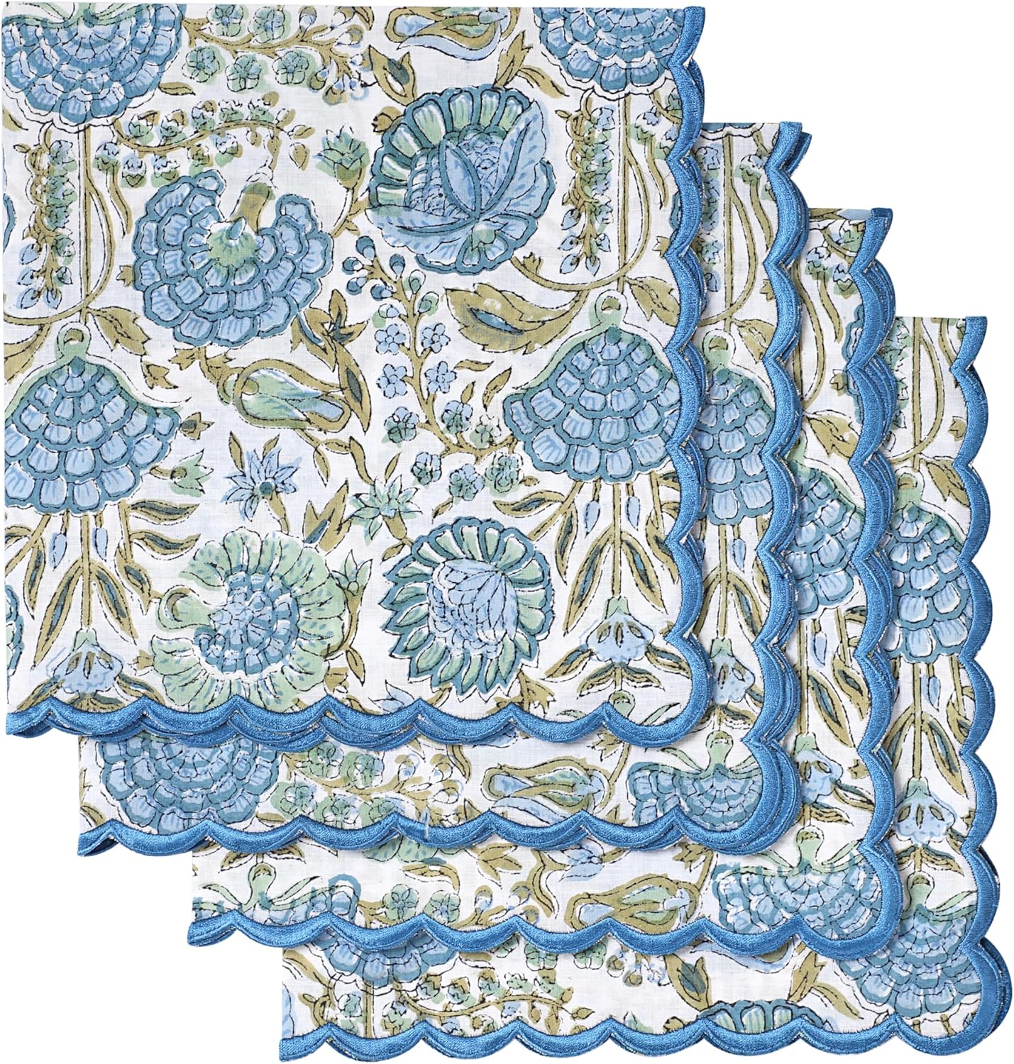 Ridhi Asparagus GreenHand Block Print Napkins 18" x 18" Set of 4 Reusable Cotton Dinner Napkins for Weddings, Parties & Everyday Dining, Thanksgiving, Christmas, Fall