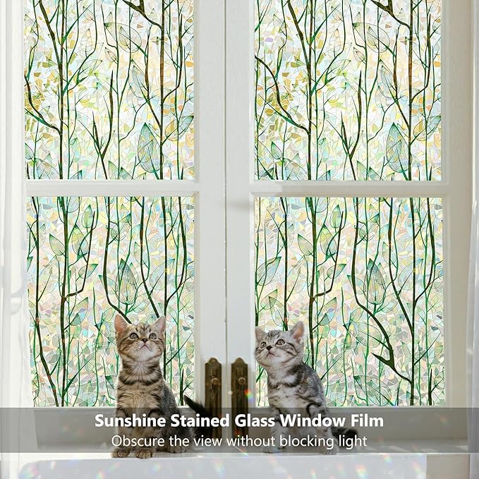 Finnez Window Privacy Film Window Film 3D No Glue Glass Sticker for Glass Door Home and Office Heat Control Anti UV (45.2 Inch x 13.1 Feet, Rainbow Grove)