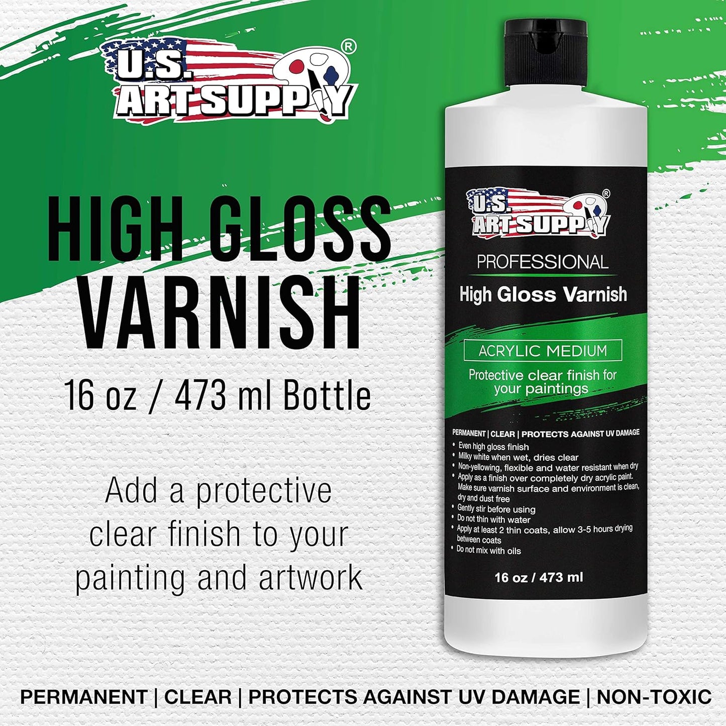 U.S. Art Supply 16 oz High Gloss Varnish for Acrylic Paintings - Clear Protective Finish with UV Protection