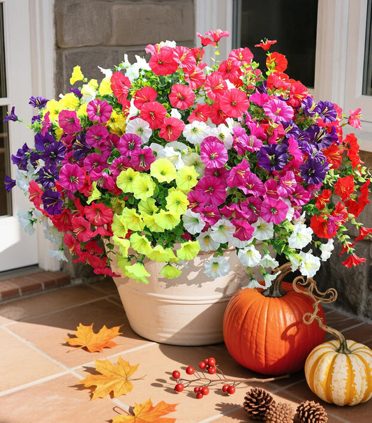 Artificial Flowers Fake Plants for Outdoors Decoration, 12 Bundles Silk Morning Glory with Eucalyptus Realistic UV Resistant Faux Flowers for Outside Planter Porch Yard Patio Garden Home Indoor, Mix